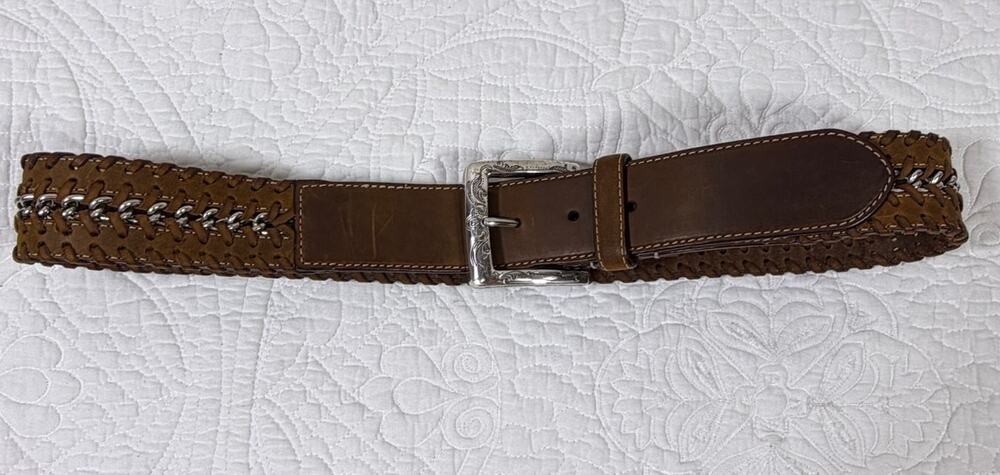 Brighton Women L Brown Braided Leather Silver Buckle Accent Belt Minimalist